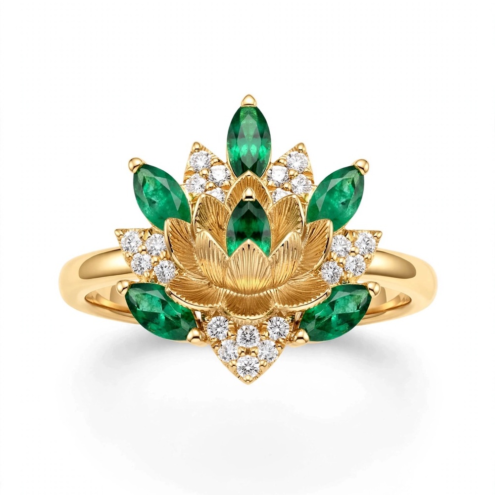 Gold Lotus Ring with Emerald Stones and Diamond Accents
